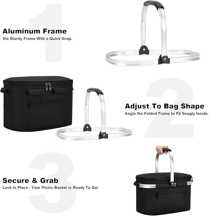ALLCAMP OUTDOOR GEAR Insulated Cooler Bag Collapsible Portable Picnic Basket Cooler W/ Sewn in Frame (Medium Jet Black)