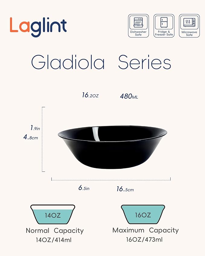 14 OZ (16 OZ MAX) Black Opal Glass Cereal Bowl Set of 4, 6.5 inch Dishwasher & Microwave Safe Round Bowls for Soup, Salad and Rice