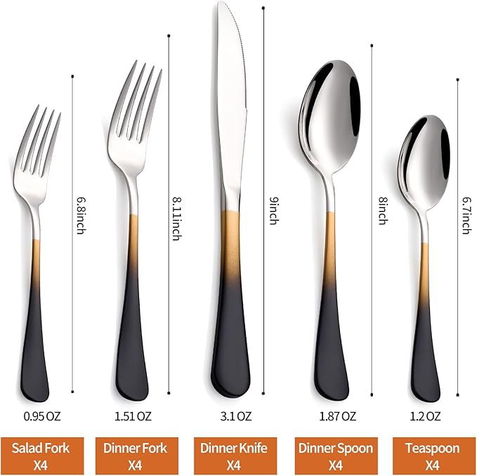 20 Piece Black Gold and Silver 18/0 Flatware Utensil Set for 4, Include Dinner Knife,Dinner Forks,Dinner Spoons,Salad Forks,Teaspoons,Silverware Set for 4, Dishwasher Safe