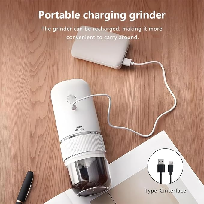 Portable Electric Coffee Grinder Portable USB-C Rechargeable - Compact & Lightweight for Travel, Camping, Home Use, Black/White Design (60, Black, one size fits all)