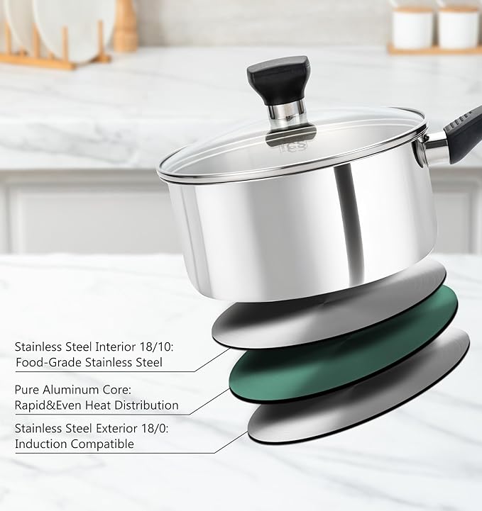 KOCH SYSTEME CS Stainless Steel Sauce Pan with Lid, 1QT & 2QT & 3QT Stainless Steel Saucepan Set with Bakelite Handles, Non Toxic Sauce Pot for Cooking, Induction Compatible & Dishwasher Safe, 6PCS