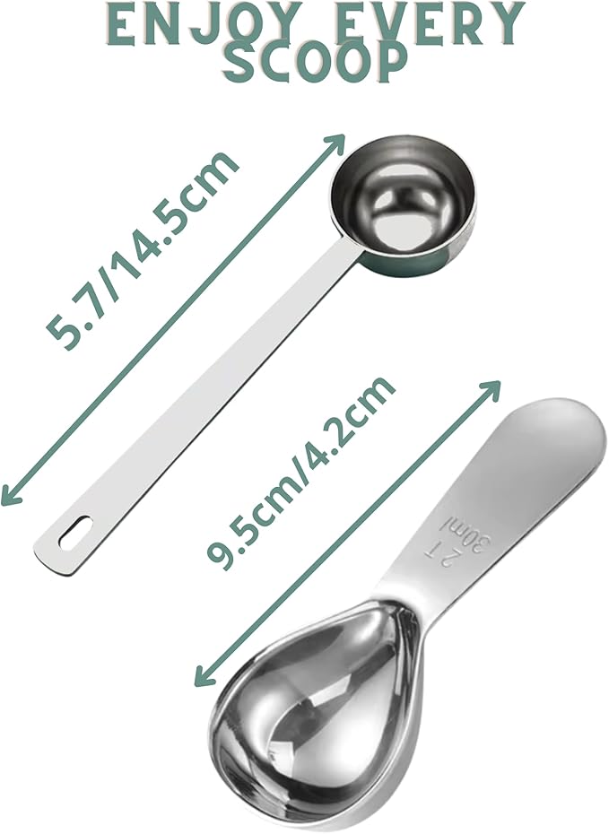 Coffee Scoop Set – 30ml Curved & 15ml Round Stainless Steel Measuring Spoons – Dual Design for Perfect Coffee Tea, & More – Ergonomically Balanced Handles