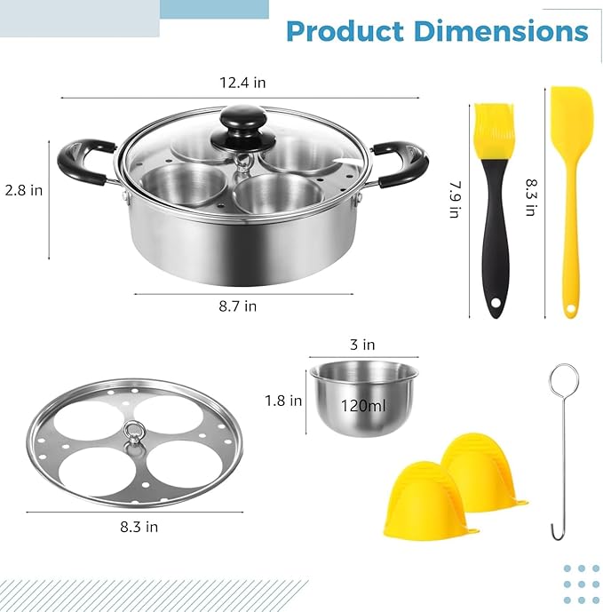 Egg Poacher Pan Nonstick 4 Eggs, Poached Egg Cooker, Poached Egg Pan, Stainless Steel Egg Poacher, Includes Stainless Steel Pot, 4 Cups, Silicone Brush & Spatula, Suitable for Multiple Stove Types