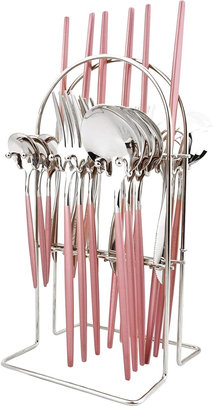 Pink Silver 24Pcs Flatware Set With Stand, Lightweight Dinnerware Set Stainless Steel Cutlery With Pink handles For Home Kitchen Wedding Party And Daily Use,Service For 6, Mirror Polish