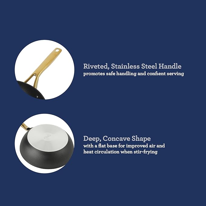 Oster Platinum Abbottsford 11-Inch Matte Black Ceramic Nonstick Wok with Gold Stainless Steel Handle — Flat Bottom, Oven & Induction Safe