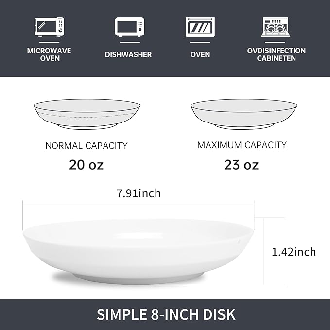 Set of 6 Dinner Plates 7 Inch, White Porcelain Plates, Microwave Oven Dishwasher Safe Scratch Resistant