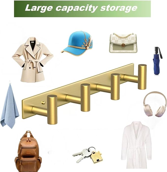 Wall Mounted Coat Rack-4 Hooks, Heavy Duty Stainless Steel Hook Rail for Towel Coat Hat Purse Bag Jacket, Towel Hooks for Entryway Bathroom Kitchen (Gold 4 Hooks - 1 Pack)