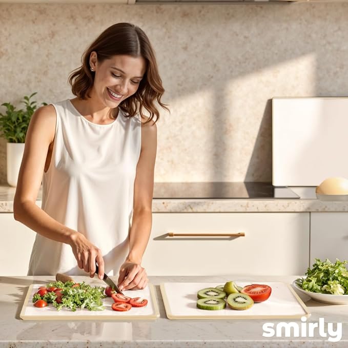 SMIRLY Plastic Cutting Board Set with Holder 4 Pieces, Non-Slip Dishwasher Safe Chopping Boards for Kitchen, Cream White