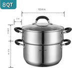 Stainless Steel 8 Quart Stock Pot with Steamer,8 Qt Deep Soup Pot for cooking,Multipurpose Stockpot with silicone Stay-cool Handle.