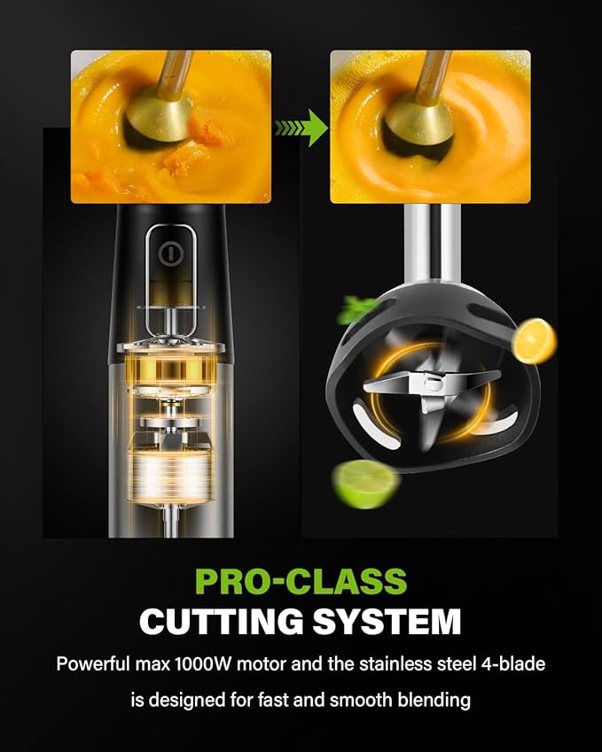 6-in-1 Immersion Blender, 1000W Hand Blender with 20 Speeds, Scratch-Resistant Stick Mixer with Whisk, Chopper, Beaker, Egg Beaters & Dough Hooks – Heavy Duty Hand Mixer, Black