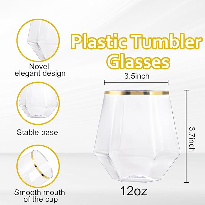 LUODA Gold Diamond Shaped Plastic Stemless Wine Glasses Set of 24, Disposable 12 Oz Gold Plastic Whiskey Glasses for Birthday, Housewarming and Weddings