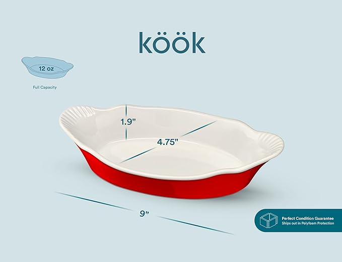 Au Gratin Baking Dishes, by Kook, Mini Casserole Dish, Set of 6, for Banana Split, Oven and Microwave Safe, Dishwasher Safe, Ceramic Serving Dishes, Lasagna & Cobblers, Individual Serving, 12 oz (Cherry Red)