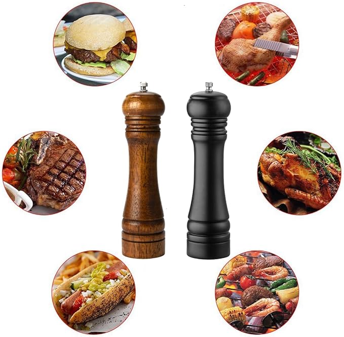 Wooden Pepper Mill Set Salt Black Pepper Grinder Kit Manual Mills Solid with Strong Adjustable Ceramic Grinders 2 Piece 8 Inches