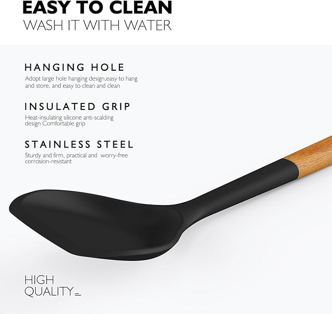 Large Silicone Cooking Utensils Set - Heat Resistant Silicone Kitchen Utensils for Cooking w Wooden Handles, Spatula Set, Kitchen Utensil Gadgets Sets for Non-Stick Cookware, BPA Free (Black)