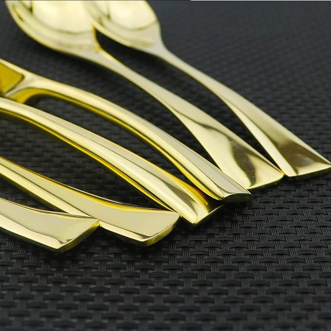 Golden Flatware Set 18/10 Stainless Steel Mirror Polished Gold Cutlery - Silverware Utensil Set of Steak Knife Dinner Fork Knife Spoon Salad Fork Dessert Spoon,24 Piece Service for 4