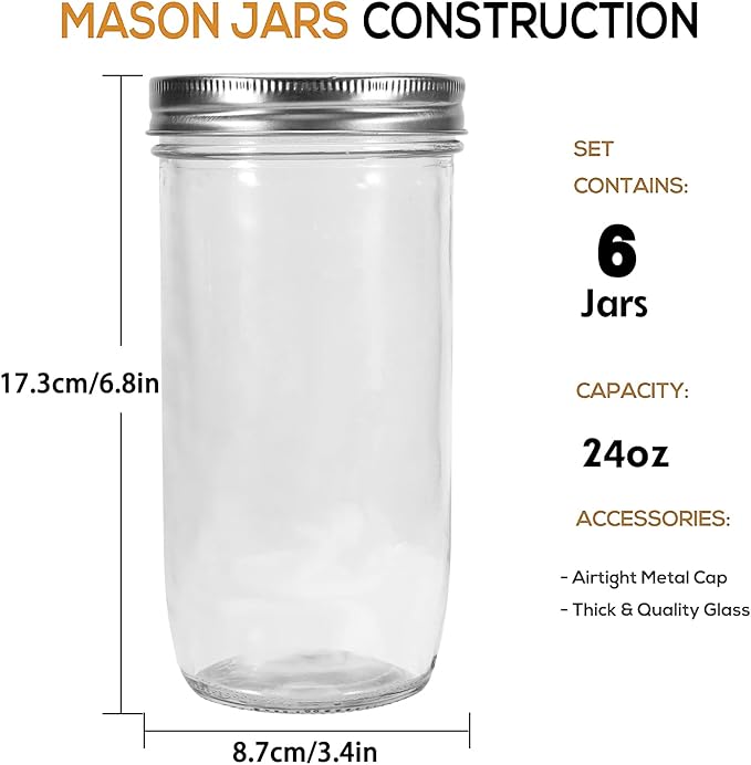Mason Jars Wide Mouth 24oz, 6 pack Glass Pickle Canning Jars Food Storage With Airtight Mason Jar lids and Bands for Canning, Preserving, Fermenting, Pickling, DIY Projects