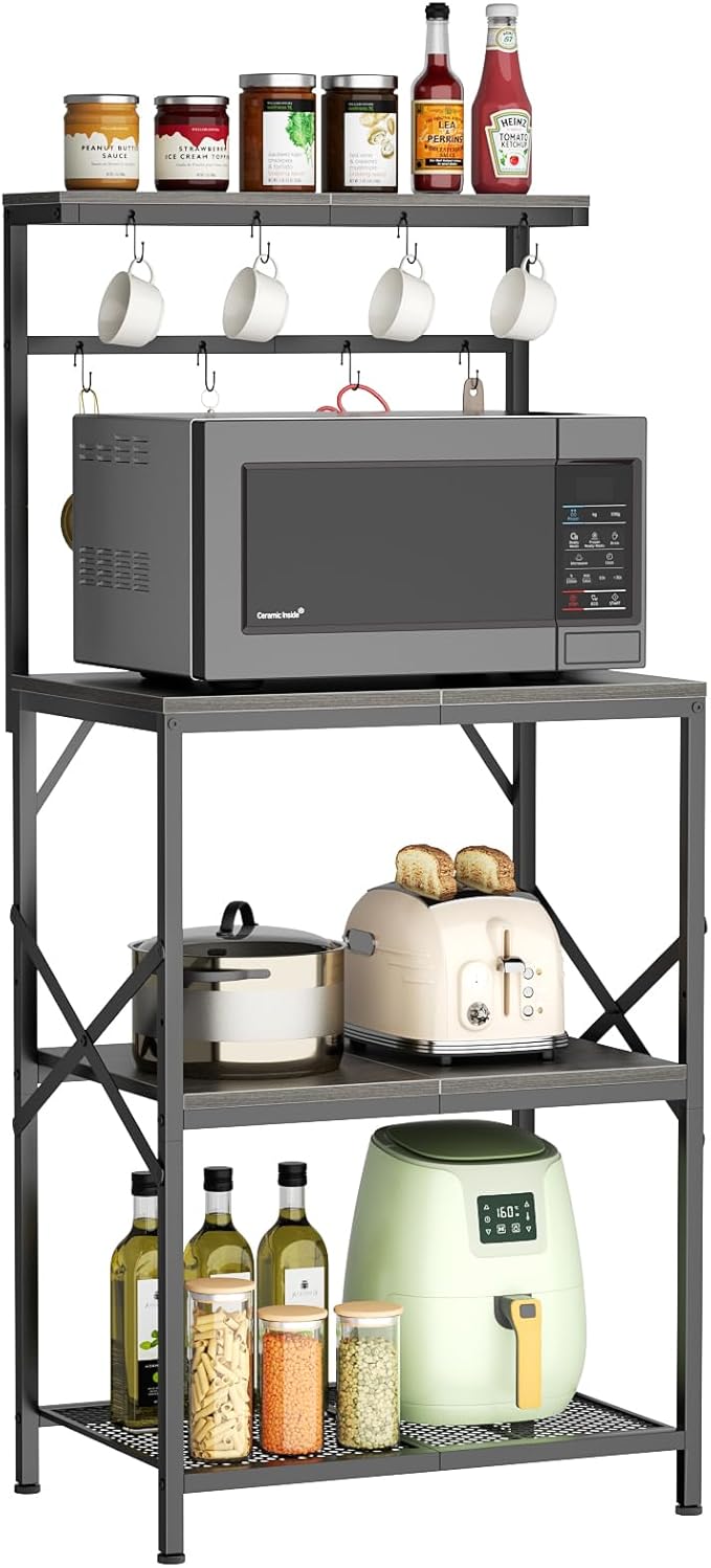 Kitchen Bakers Rack with Storage Shelves, Small Coffee Bar Cart with 8 Hooks, 4 Tiers Microwave Stand Station with Adjustable Shelves, Freestanding Kitchen Appliance Organizer, Black Oak