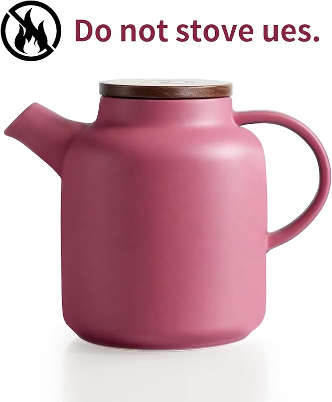 Yundu 1500ml / 50 oz Ceramic Teapot with Infuser & Wood Lid - Matte Purple, Loose Leaf Tea Pot with Removable Strainer, Large Capacity