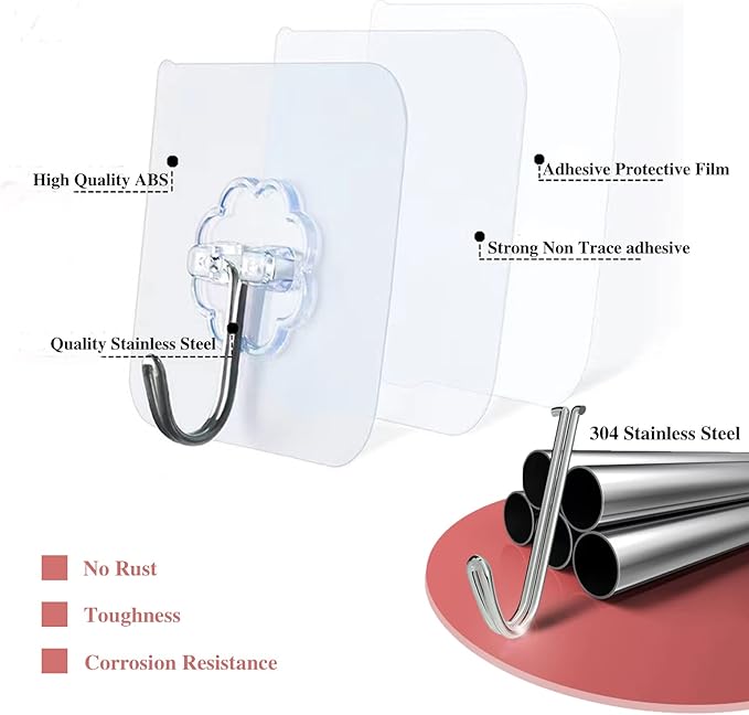 DDMY 24 Packs Hooks for Hanging 50lb Wall Hooks Transparent Reusable Waterproof Adhesive Hook for Kitchen Curtain, Towel Hook for Bathrooms, Heavy Duty Self Coat Hook for Walls No Damage