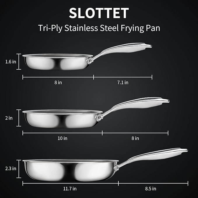 10 Inch Tri-Ply Stainless Steel Frying Pan with Lid,Whole-Clad No Coatings Skillet with Stay-cool Handle for Cooking,Dishwasher and Oven Safe,Induction Pans