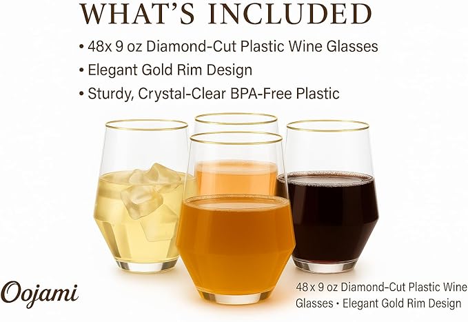48 Pack Diamond Unbreakable Stemless Plastic Wine Stemless Toasting coacktail Glasses, Durable 9 Oz BPA-Free Disposable Champagne Flutes for Weddings, Bars, Events, and Celebrations (Diamond Gold Rim)