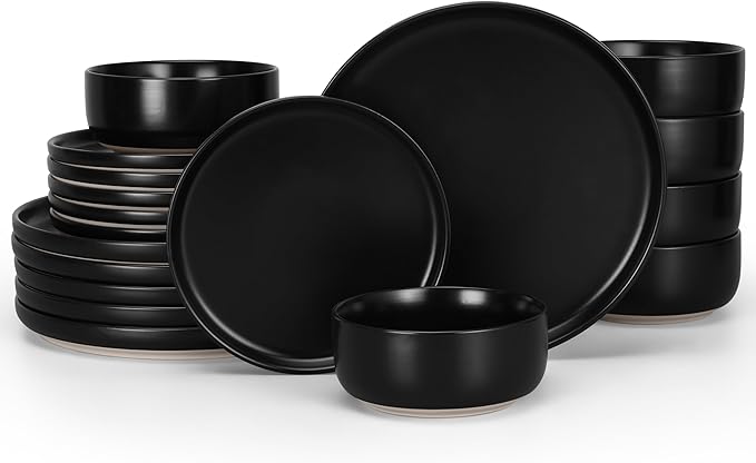 HaWare Stoneware Dinnerware Sets, 18-Piece Plates and Bowls Set for 6, Dishes Set for Home Restaurant, Frosting Black