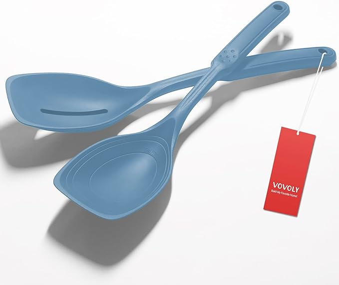 2 Pack Large Silicone Cooking Spoon, Non-Stick Slotted and Solid Spoon set with Deep Bolw- Measurement Mark for Mixing, Serving, Scooping, Scraping, Heat Resistant Kitchen Utensils, Starry Blue