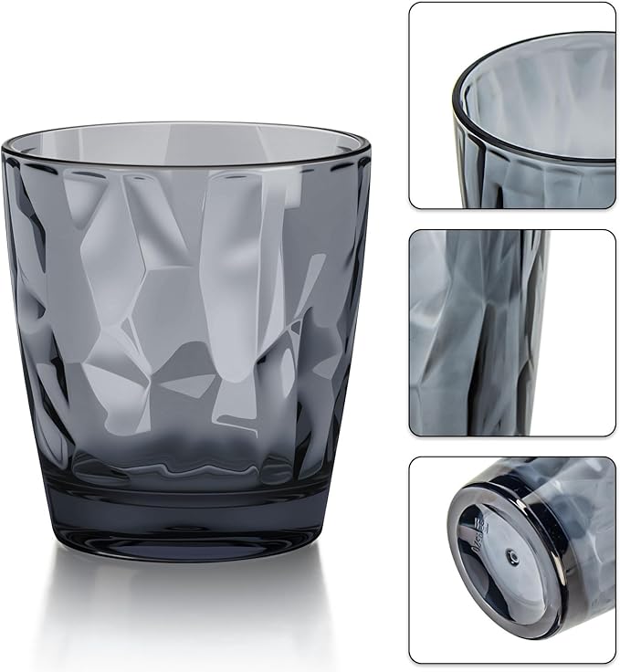 Topsky 10 oz Plastic Water Tumblers | Set of 4 Transparent Unbreakable Drinking Glasses Clear Acrylic Reusable Juice Wine Cups for Home Picnic Party, Dishwasher Safe, Stackable (Gray)