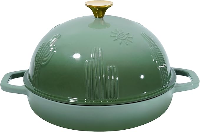 Cast Iron Bread Oven With Cloche Lid for Baking - Green Enameled Dutch Oven With Dome Lid for Sourdough - 2.6 qt