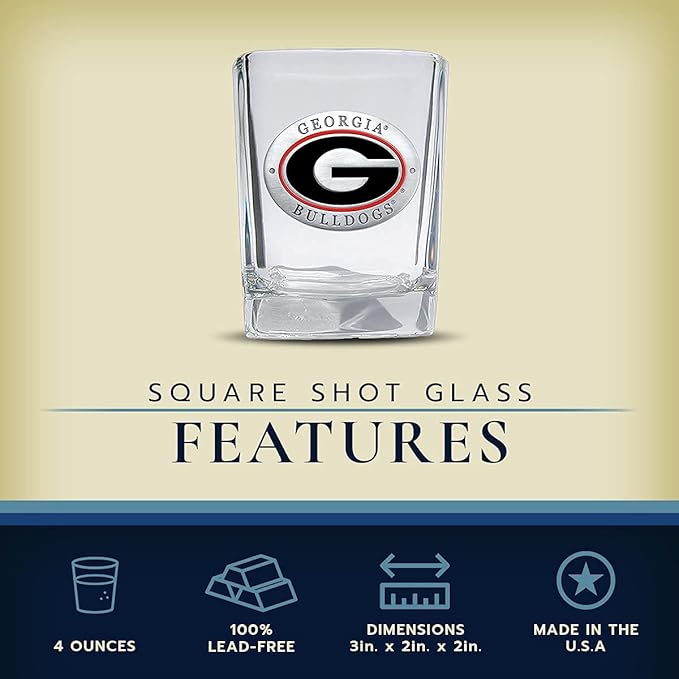 Heritage Pewter University of Georgia Square Shot Glass | Hand-Sculpted 1.5 Ounce Shot Glass | Intricately Crafted Metal Pewter Alma Mater Inlay