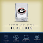 Heritage Pewter University of Georgia Square Shot Glass | Hand-Sculpted 1.5 Ounce Shot Glass | Intricately Crafted Metal Pewter Alma Mater Inlay