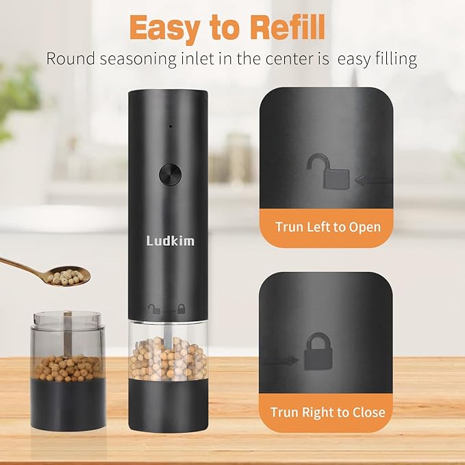 Electric Pepper Grinder and Salt Mill Set - Dual Pack Rechargeable with Storage Base, Adjustable Coarseness, Type-C Charging, Each 40ml Capacity for Kitchen, Travel & Gift