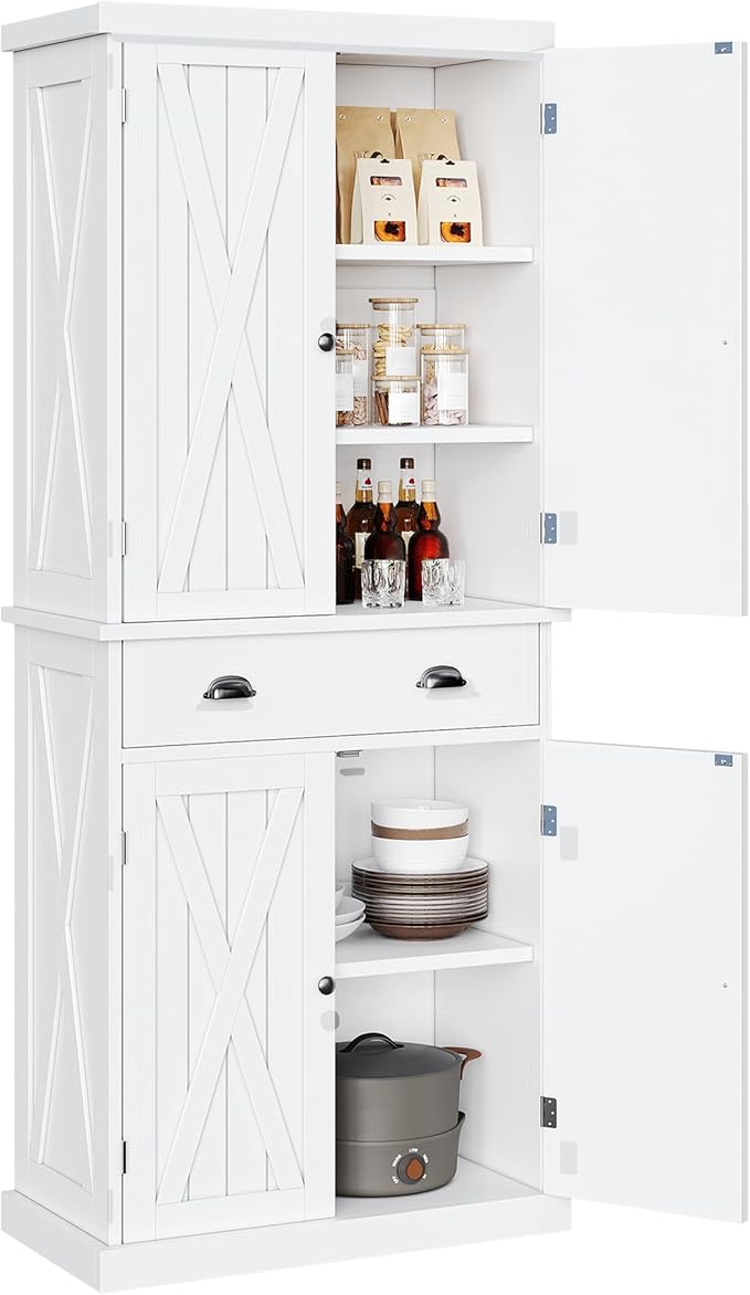 YITAHOME 72'' Tall Kitchen Pantry, Farmhouse Kitchen Storage Cabinets with Barn Doors, Drawer and Adjustable Shelves, Wood Cupboard for Kitchen, Dining Room, Bathroom, White