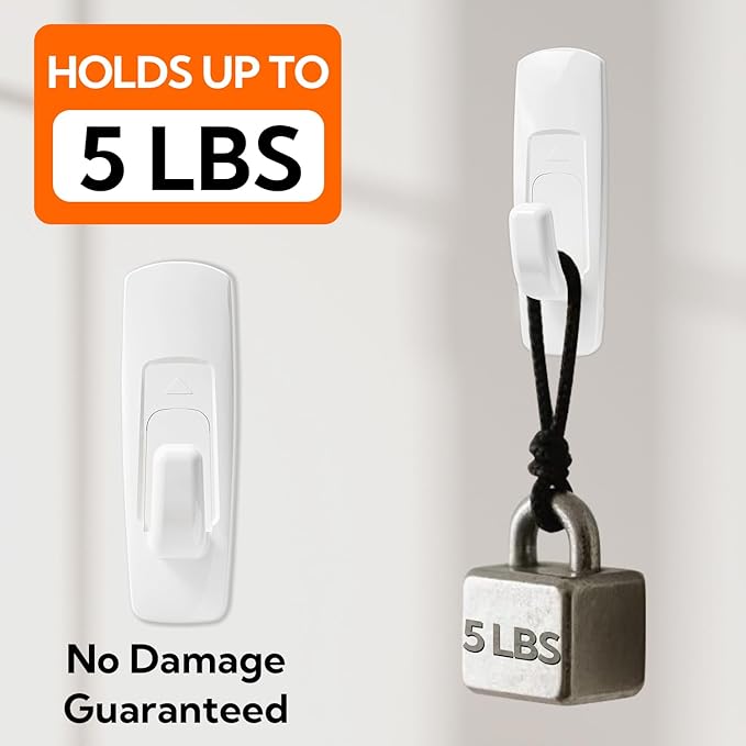 hookay 5lbs Utility Hooks, Damage-Free Hanging Wall Hooks, No Tools Removable Hanging Organizational Items in Living Spaces, 7 Hooks, 12 Adhesive Strips