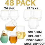 48 Pack Diamond Gold Rim Unbreakable Stemless Plastic Glasses 24 9oz Stemless Champagne Flutes & 24 12oz Cups BPA-Free, Disposable, Shatterproof Drinkware for Weddings, Bars, Events and parties