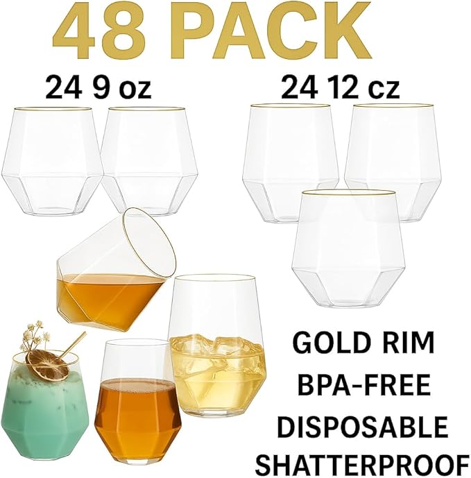 48 Pack Diamond Gold Rim Unbreakable Stemless Plastic Glasses 24 9oz Stemless Champagne Flutes & 24 12oz Cups BPA-Free, Disposable, Shatterproof Drinkware for Weddings, Bars, Events and parties