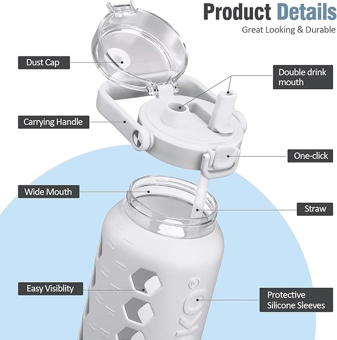 MUKOKO Half Gallon/64 oz Glass Water Bottles with Straw and Lid,Motivational Water Jug with Time Marker Reminder and Silicone Sleeve,100% Leakproof BPA Free Fitness Sports Large Bottle-White