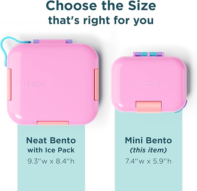 ZOKU - Mini Bento Box for Kids, Stackable, Lightweight, Leakproof, for Children, Kid Friendly Latch, Easy to Clean (Bento Jr) (Pink)