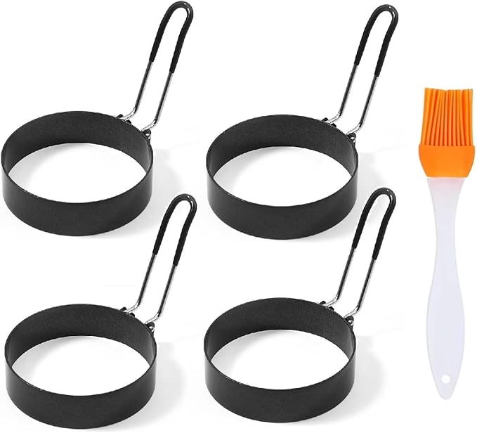 3.5" Egg Rings Mold with Plastic Handle, Round Mold for English Muffins - Griddle Cooking Shaper for Indoor Camping Breakfast Sandwiches w/Silicone Oil Brush (3.5 inch Plastic handle)