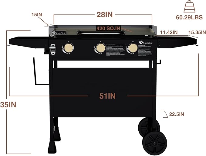 KingChii 28" 3-Burner Griddle with Integrated Protective Hood and Counter Height Side Shelves, Powder Coated Steel, Black