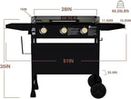 KingChii 28" 3-Burner Griddle with Integrated Protective Hood and Counter Height Side Shelves, Powder Coated Steel, Black