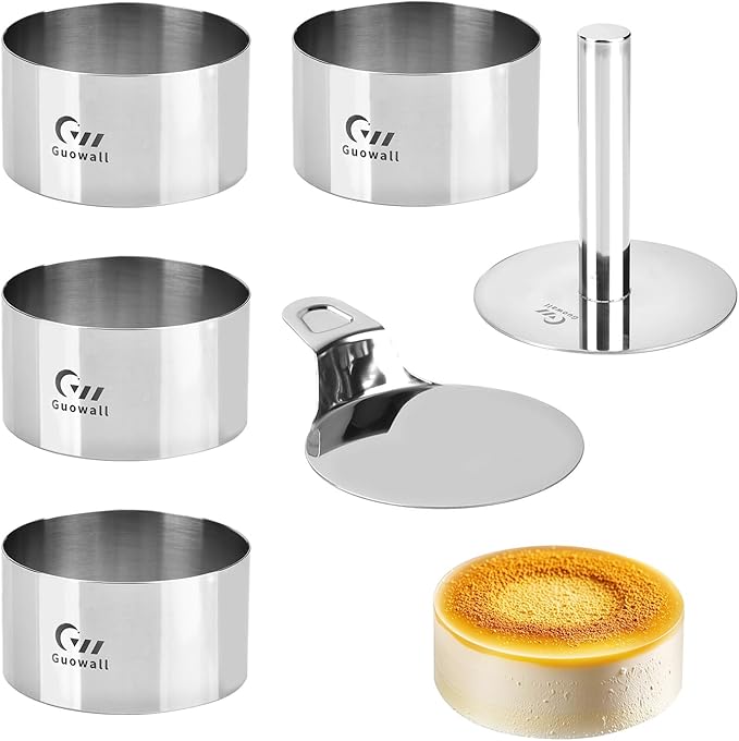 Guowall 4 pack Seamless Mousse Cake Ring set Stainless Steel 4 inch Round Food Mold Dessert Cutter for Baking (Includes 1 Lifter, 1 Pusher and 4 Rings)