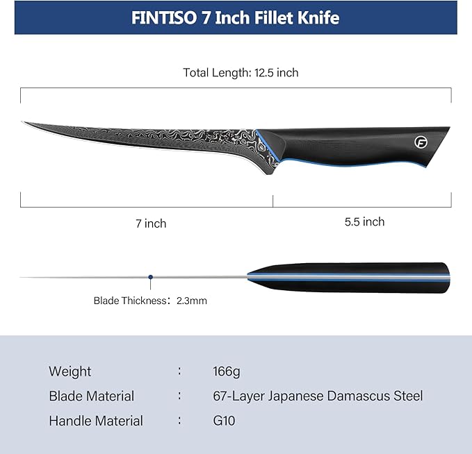 7 Inch Fillet Knife, Ultra Sharpe Meat Boning Knife in 67-Layer Japanese Damascus Steel, Professional Fish Knives with Ergonomic G10 Handle for Slicing and Skinning