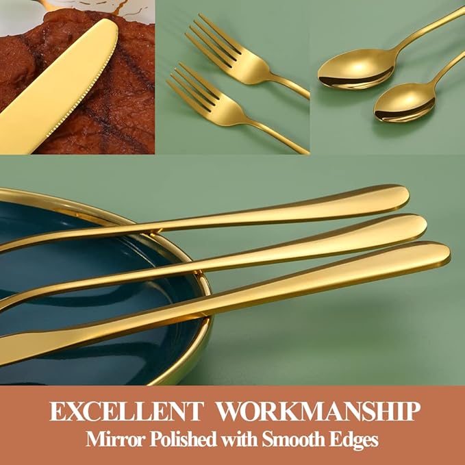 Lazycorner 40 Pcs Gold Silverware Set for 8, Food Grade Stainless Steel Flatware Set Include Fork/Knife/Spoon, Mirror Polished Eating Utensils Sets, Reusable Silverwear Cutlery Set, Dishwasher Safe