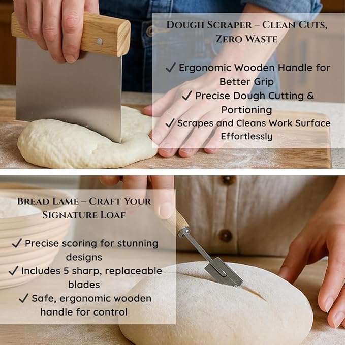 Sourdough Kit – Bread Making Kit with 9" Round & 10" Oval Banneton Bread Proofing Baskets, Dough Whisk, Scoring Tool, Metal Scraper, Silicone Brush, Liners – Sourdough Bread Baking Supplies Set