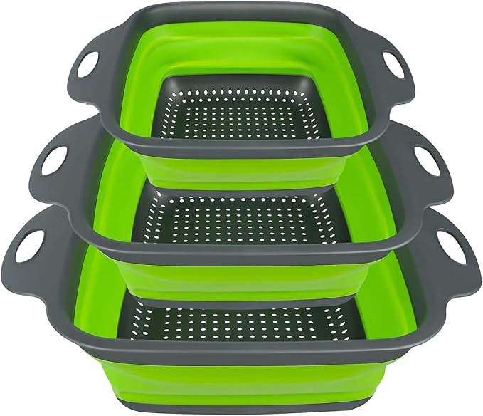 Collapsible Colander Set of 3 Square Silicone Kitchen Strainer Set 1 pcs 9.6 Quart, 1 pcs 6 Quart,1 pcs 4 Quart Perfect for Draining Pasta, Vegetable and fruit for Kitchen and Travel Use