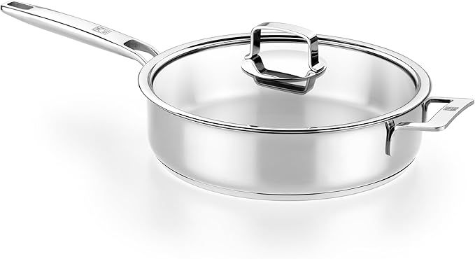BRA COOKWARE Signature Sauté Pan w/Glass Lid | 11 inches - 4 quarts Professional Low Casserole | Stainless Steel Sauté Pan | All Stovetop Compatible - Full Induction | PFOA Free | Polished Finish