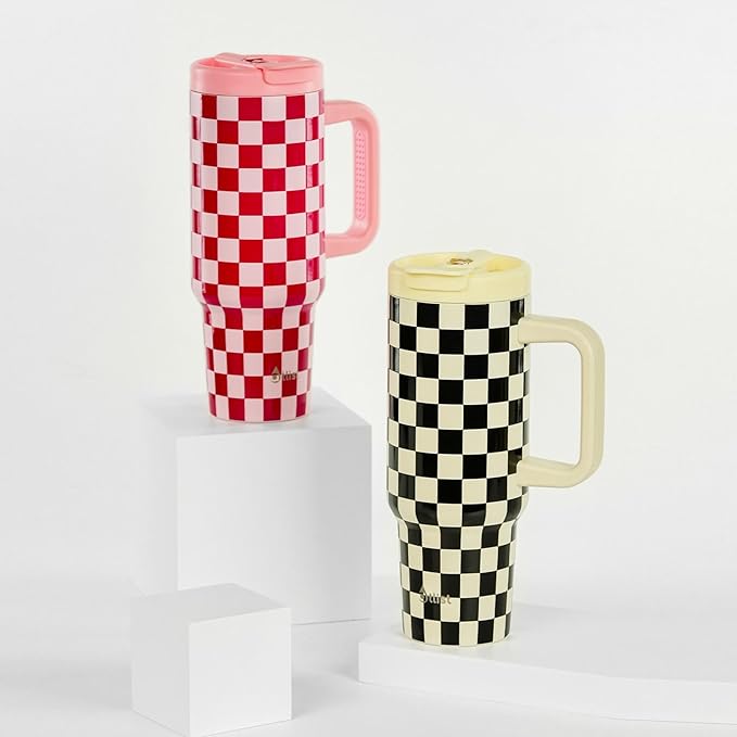 ProTour 100% Leakproof 40 oz Tumbler with Handle & 4-in-1 SipSwig Lid | Built-In Flip Straw & External Stainless Steel Straw | Insulated Stainless Steel Cup | BPA-Free | Black & White Checkered