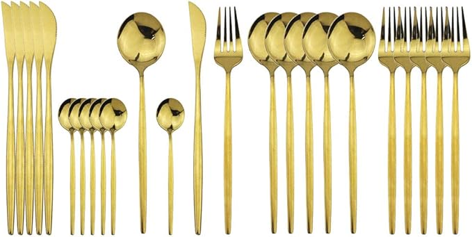 JASHII Stainless Steel Titanium Plated Golden Flatware Set 24 Piece, Golden Silverware Set for 6 (Shiny)