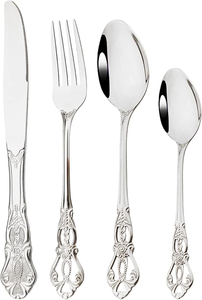 Royal 24-piece Mirror Silver Silverware Dinnerware, 18/10 Stainless Steel Luxury Flatware Service For 6 Include Knives/Forks/Spoons/Teaspoons, Dishwasher Safe